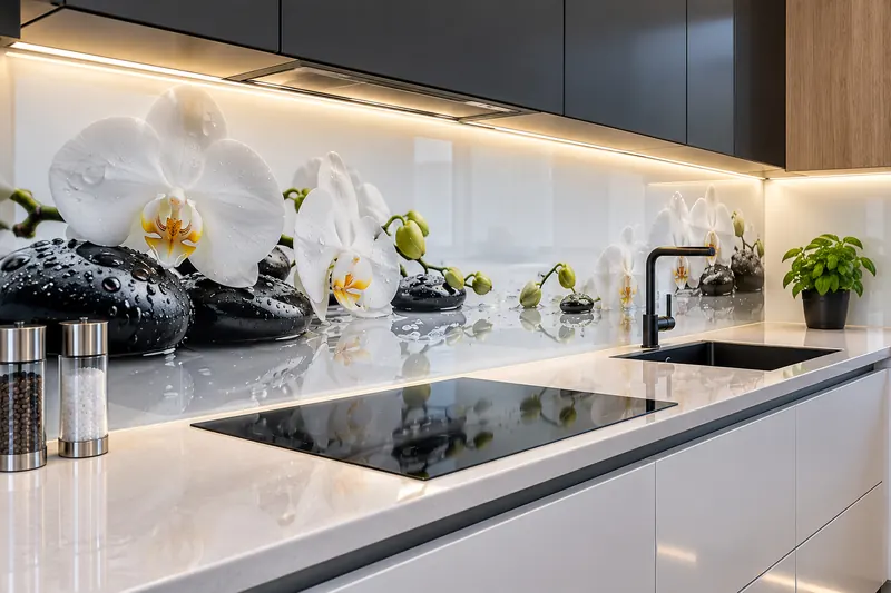Nyomtatott konyhai üveghátfal orchideás mintával